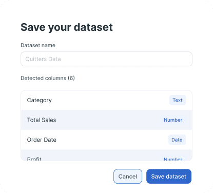 Audimate dataset review showing six detected columns and their inferred data types.
