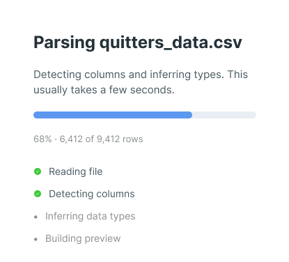Audimate parsing a CSV file and showing row progress and schema-inference steps.