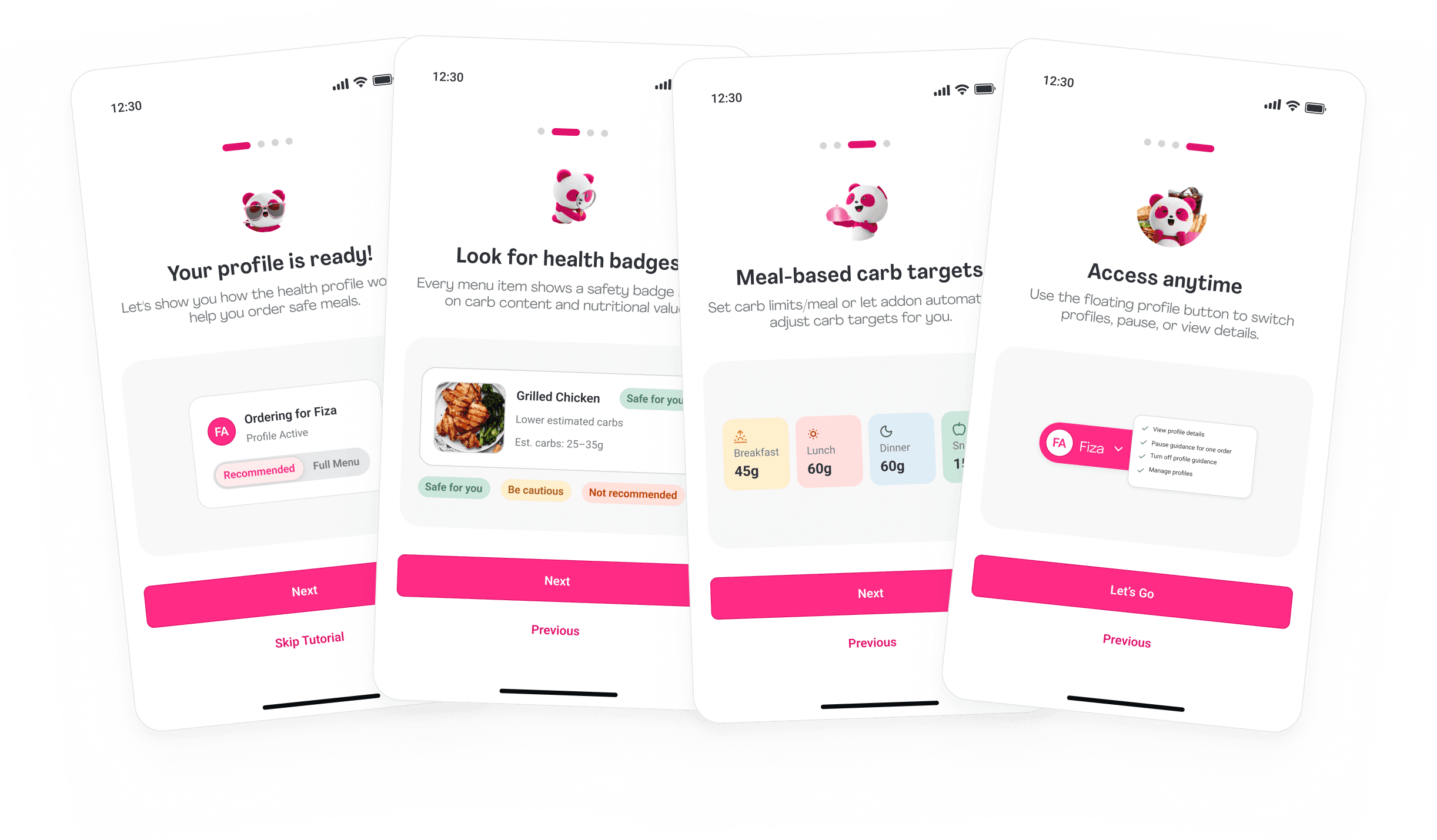 Foodpanda guided onboarding flow showing four progressive moments for using health profile features.