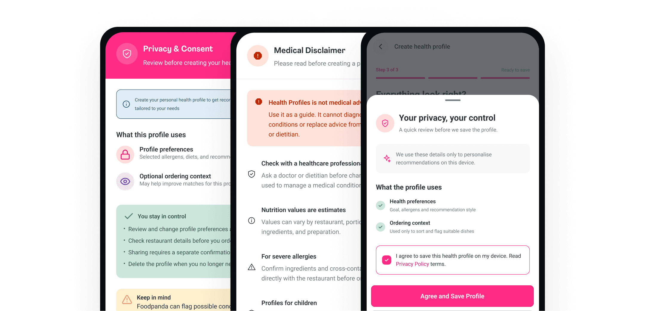 Foodpanda privacy and consent composition showing privacy consent, medical disclaimer, and health profile control screens.