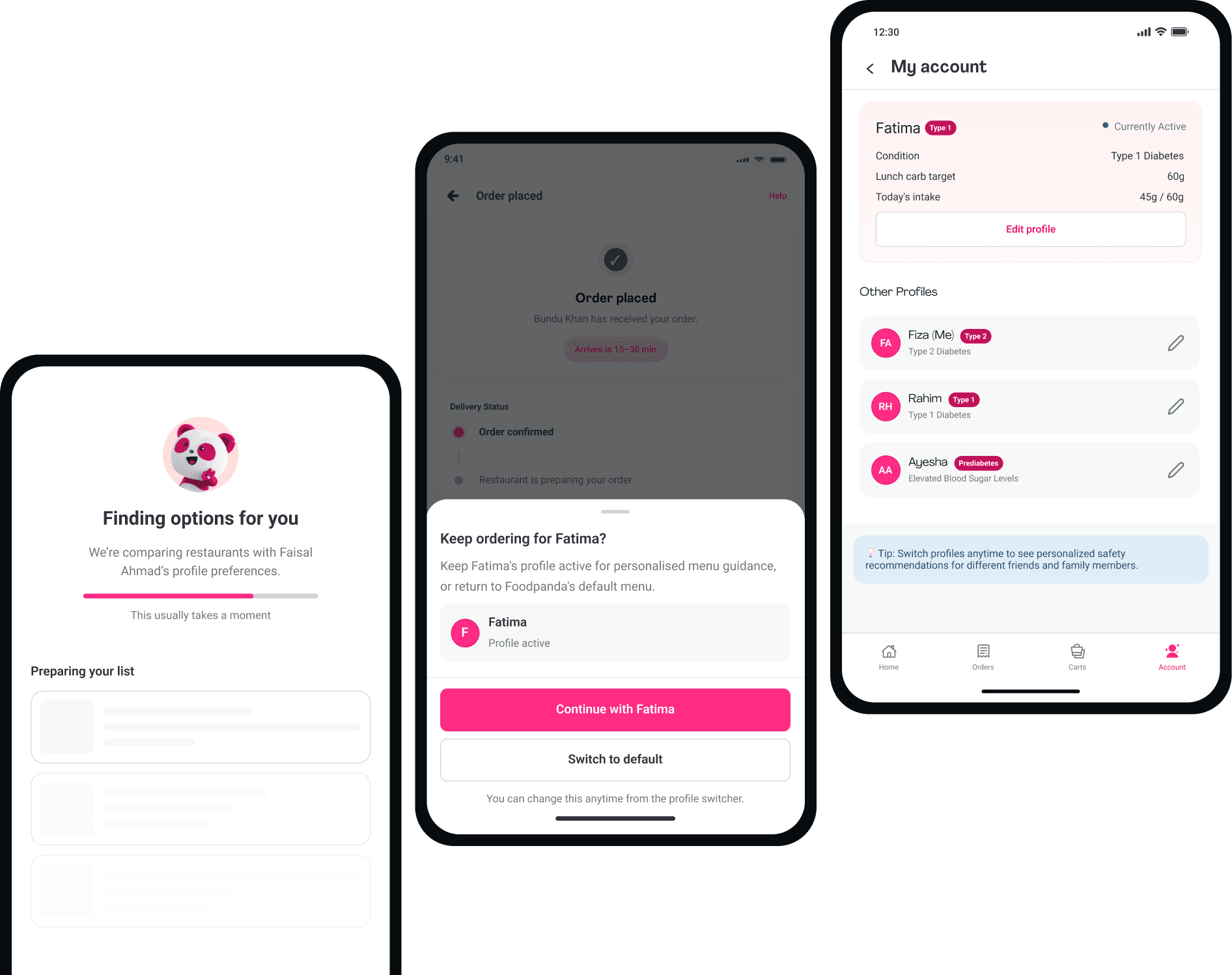 Foodpanda additional health profile features showing recommendation loading, profile switching after an order, and profile management.