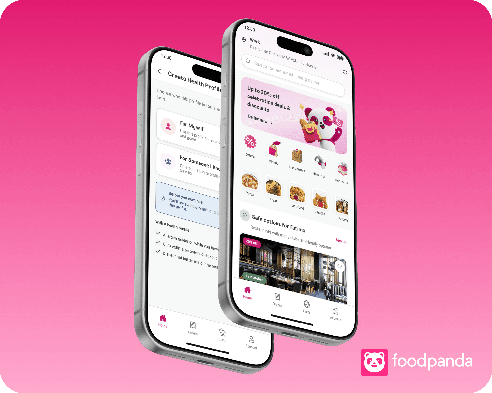 Two foodpanda mobile screens showing health profile setup and health-aware restaurant recommendations.