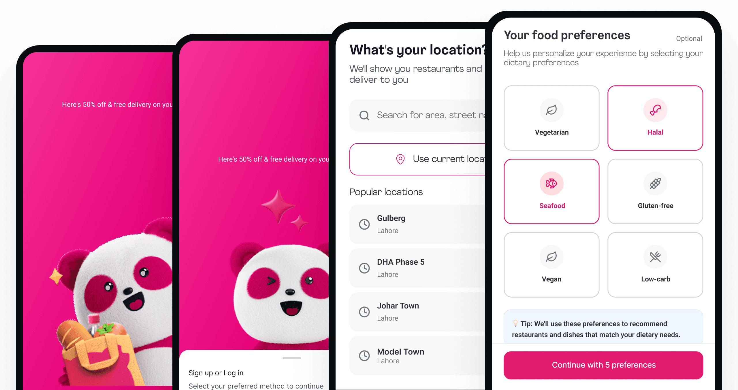 Foodpanda onboarding flow showing welcome, sign up, location, and food preference screens.