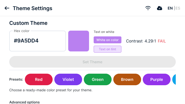 Theme settings showing a colour that fails the contrast check at 4.29 to 1, with save disabled.