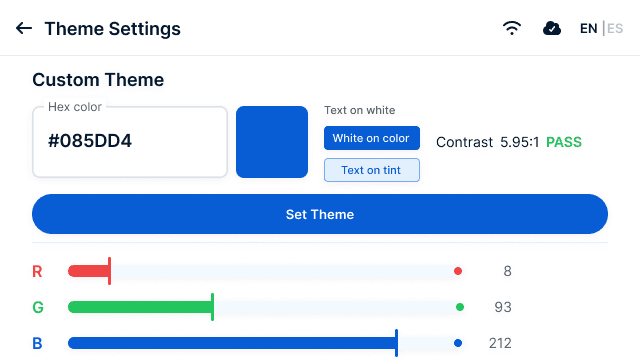Theme settings showing a colour that passes the contrast check at 5.95 to 1.