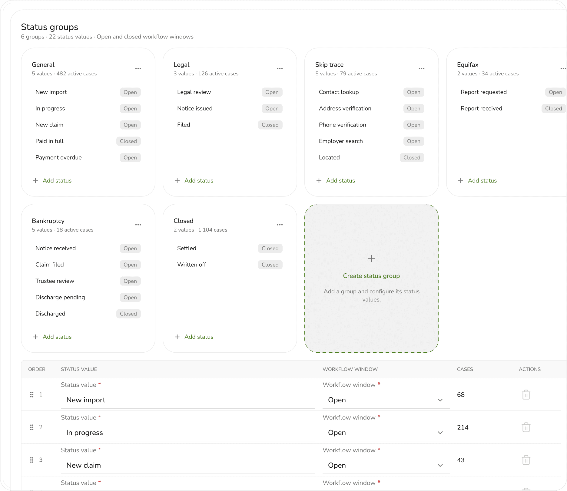 Give the system a shared language. - Status groups make progress legible across teams, portfolios, and case states.