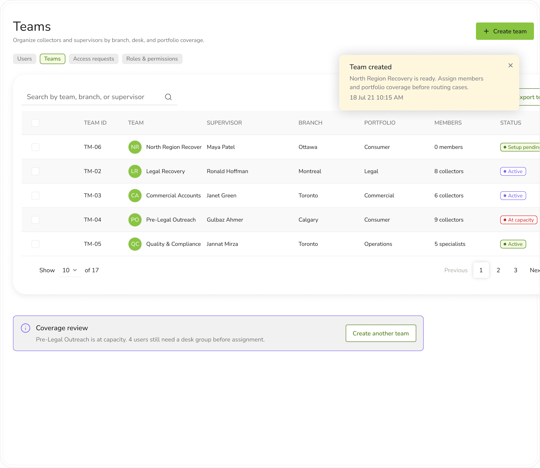 Make ownership explicit. - Teams, branches, portfolios, and coverage can be managed before work is routed.