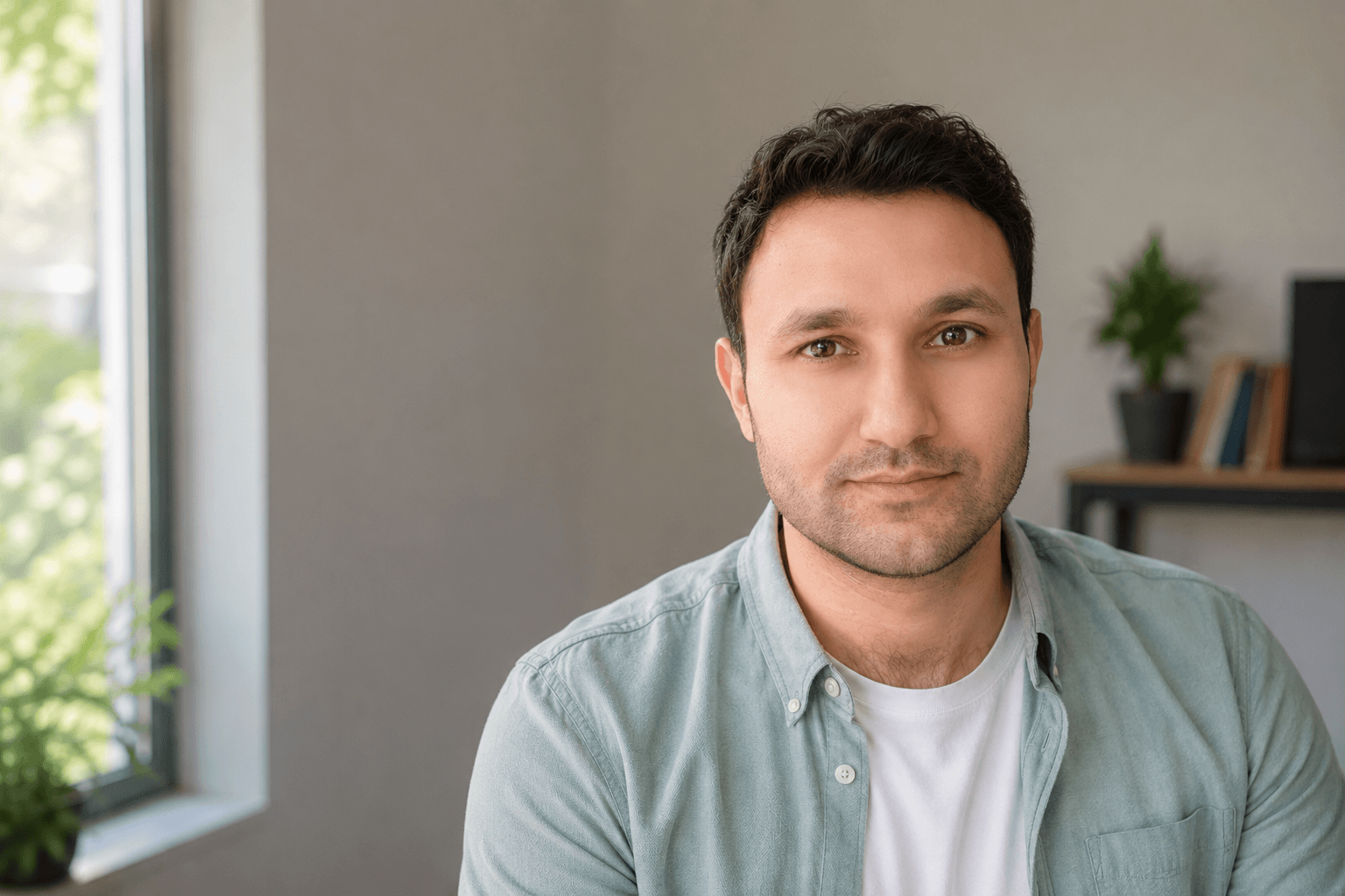 Portrait of Ahmed Qureshi sitting beside a window.