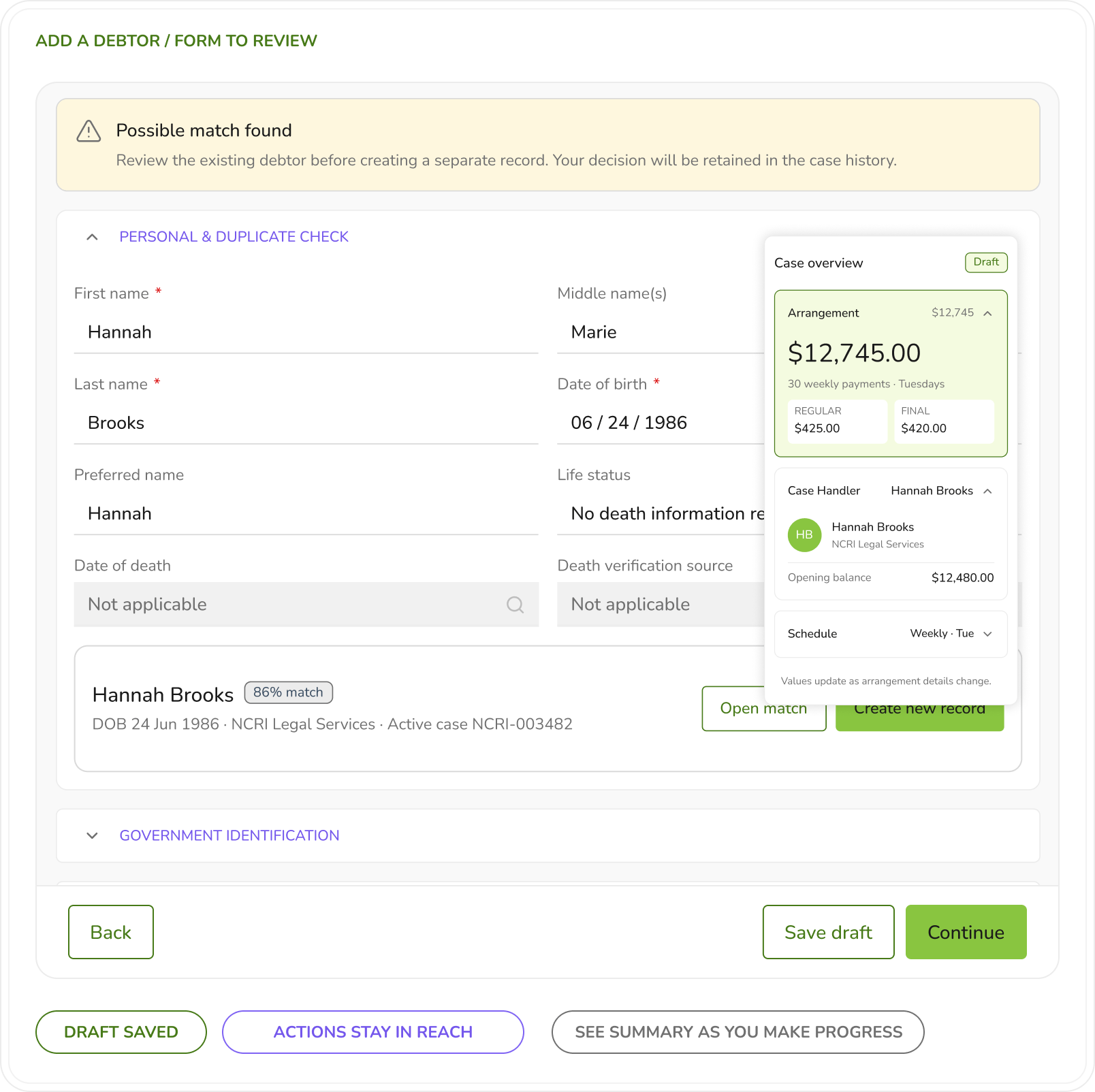 NCRI add debtor form showing a possible duplicate match, personal details, case overview, draft state, and next actions.