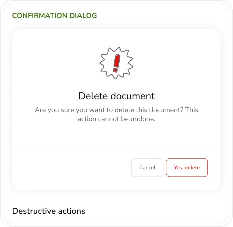 NCRI design system confirmation dialog pattern for consequential actions.