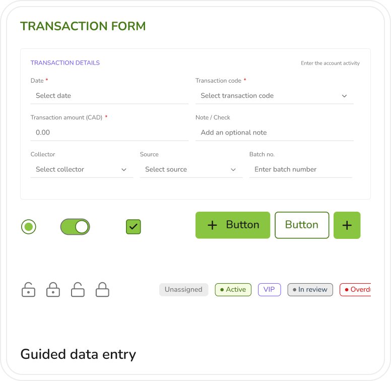 NCRI design system transaction form showing guided fields, controls, buttons, and status tokens.
