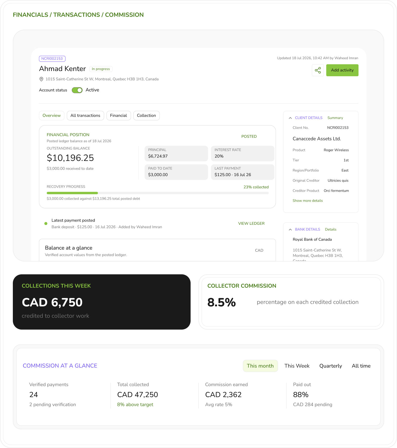 NCRI financials view showing account balance, payment history, recovery progress, client details, bank details, collections this week, and commission at a glance.