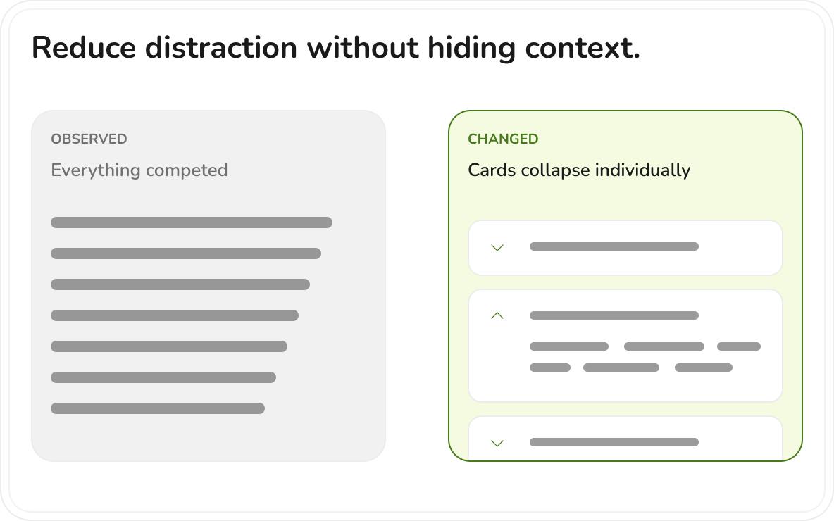 Iteration comparison showing a dense completed list changed into individually collapsible cards that preserve context.