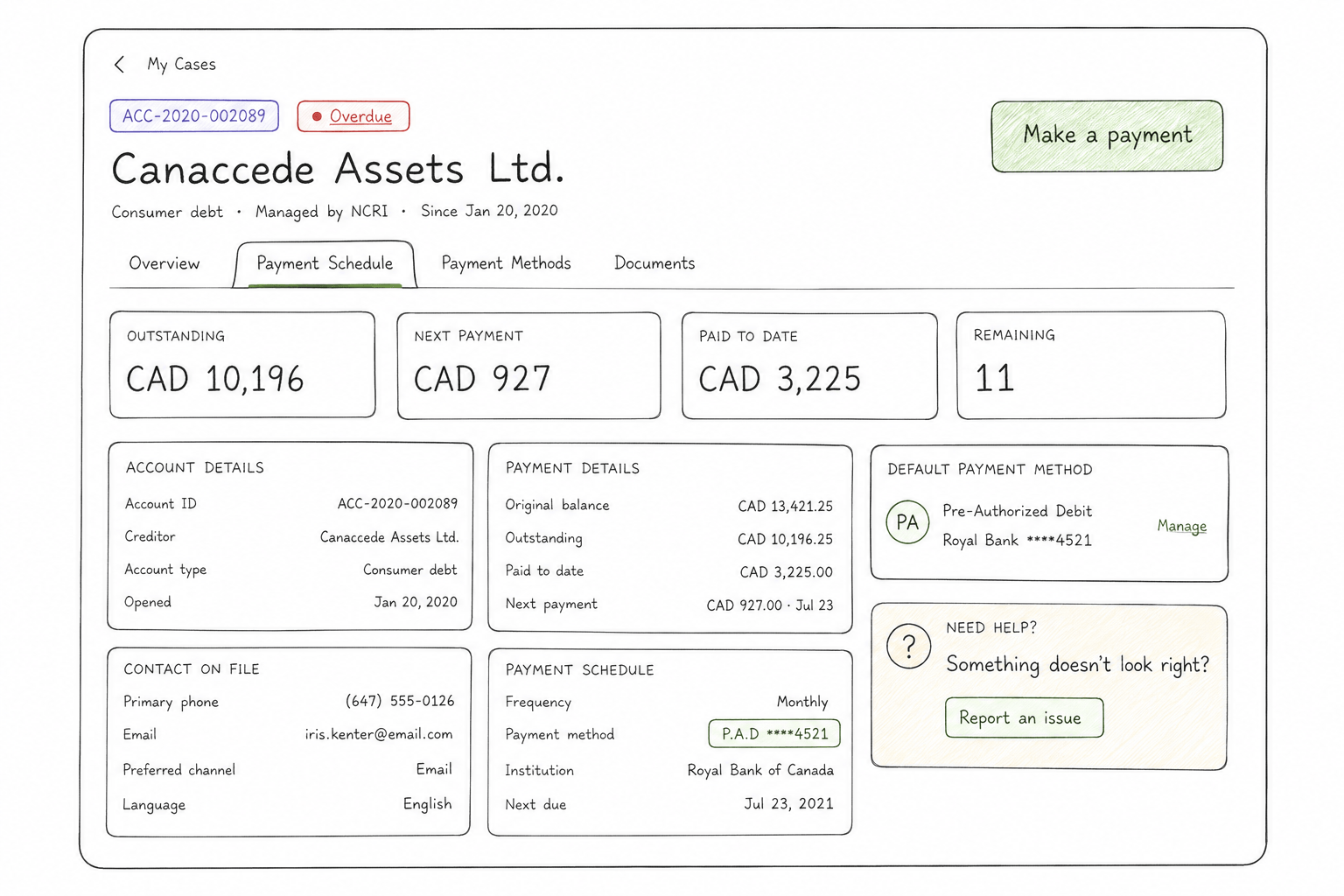 Hand-drawn wireframe for the NCRI debtor payment portal case view with payment schedule and recovery support.