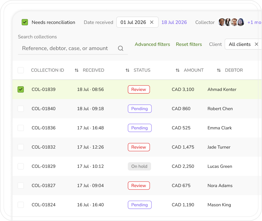 NCRI collections data grid showing reconciliation state, filters, collection IDs, status, amount, and debtor.
