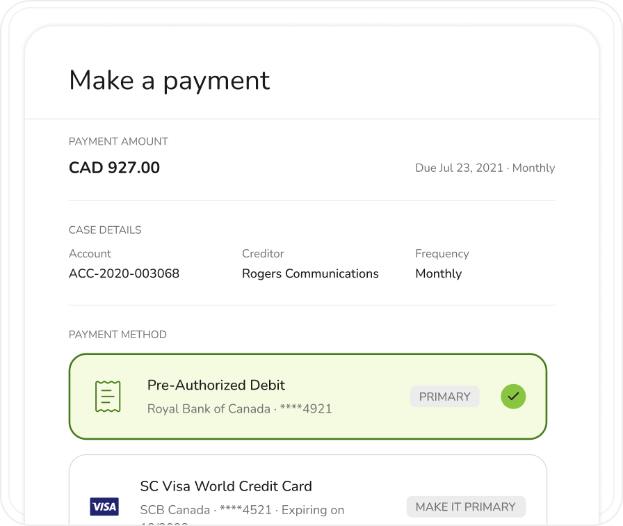 NCRI make-a-payment modal showing payment amount, case details, and available payment methods.